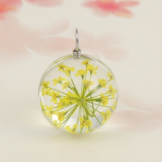 Picture of Real Dried Flower Transparent Glass Globe Bubble Bottle Charms Yellow 28mm(1 1/8") x 20mm( 6/8"), 2 PCs