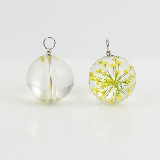 Picture of Real Dried Flower Transparent Glass Globe Bubble Bottle Charms Yellow 28mm(1 1/8") x 20mm( 6/8"), 2 PCs