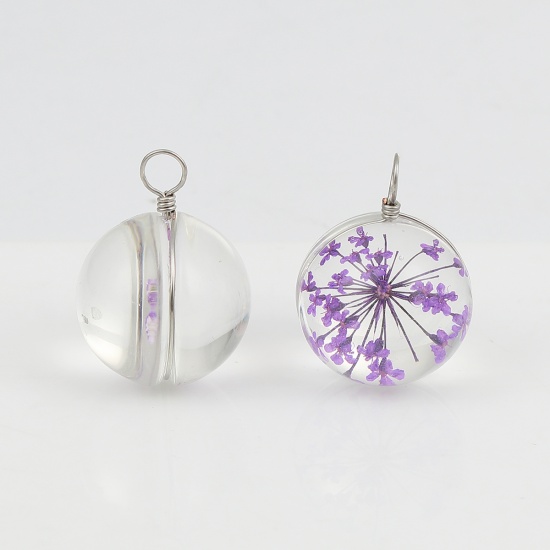 Picture of Real Dried Flower Transparent Glass Globe Bubble Bottle Charms Purple 28mm(1 1/8") x 20mm( 6/8"), 2 PCs