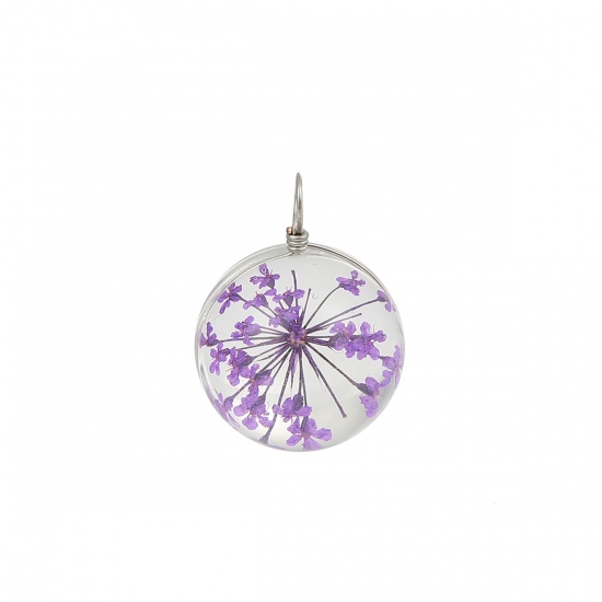 Picture of Real Dried Flower Transparent Glass Globe Bubble Bottle Charms Purple 28mm(1 1/8") x 20mm( 6/8"), 2 PCs