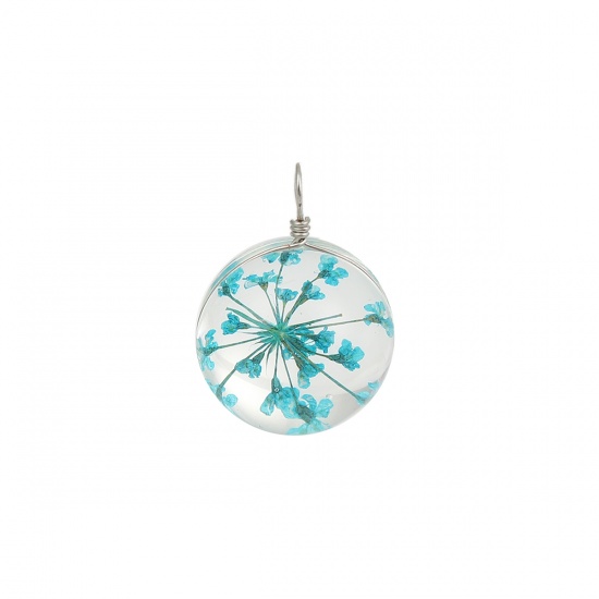 Picture of Real Dried Flower Transparent Glass Globe Bubble Bottle Charms Lake Blue 28mm(1 1/8") x 20mm( 6/8"), 2 PCs