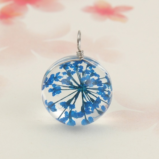Picture of Real Dried Flower Transparent Glass Globe Bubble Bottle Charms Blue 28mm(1 1/8") x 20mm( 6/8"), 2 PCs