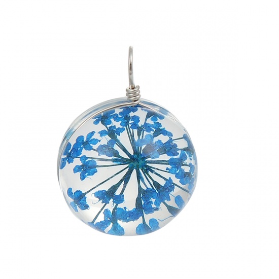 Picture of Real Dried Flower Transparent Glass Globe Bubble Bottle Charms Blue 28mm(1 1/8") x 20mm( 6/8"), 2 PCs
