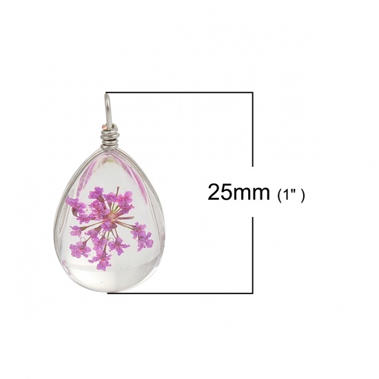 Picture of Real Dried Flower Transparent Glass Globe Bubble Bottle Charms Drop Purple 25mm x 13mm, 2 PCs