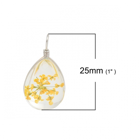 Picture of Real Dried Flower Transparent Glass Globe Bubble Bottle Charms Drop Orange 25mm(1") x 13mm( 4/8"), 2 PCs