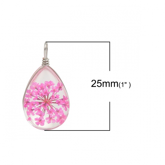 Picture of Real Dried Flower Transparent Glass Globe Bubble Bottle Charms Drop Pink 25mm(1") x 13mm( 4/8"), 2 PCs