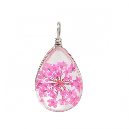 Picture of Real Dried Flower Transparent Glass Globe Bubble Bottle Charms Drop Pink 25mm(1") x 13mm( 4/8"), 2 PCs