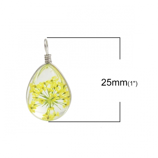 Picture of Real Dried Flower Transparent Glass Globe Bubble Bottle Charms Drop Yellow 25mm(1") x 13mm( 4/8"), 2 PCs