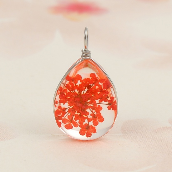 Picture of Real Dried Flower Transparent Glass Globe Bubble Bottle Charms Drop Orange-red 25mm(1") x 13mm( 4/8"), 2 PCs