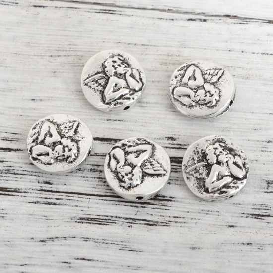Picture of Zinc Based Alloy Spacer Beads Round Antique Silver Color Angel About 15mm Dia, Hole: Approx 1.2mm, 20 PCs