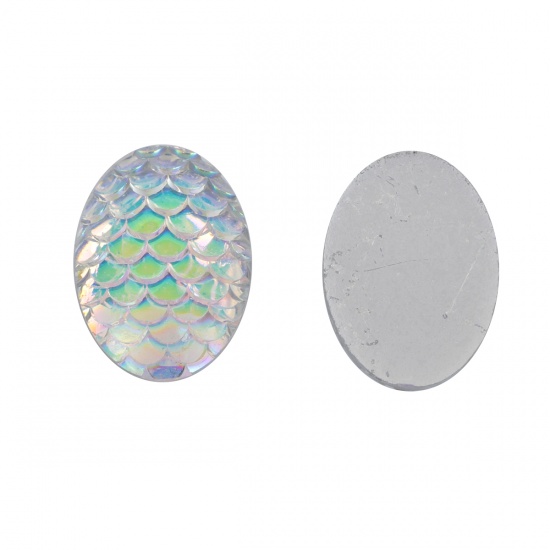 Picture of Resin Mermaid Fish/ Dragon Scale Dome Seals Cabochon Oval Silver AB Color 18mm( 6/8") x 13mm( 4/8"), 50 PCs