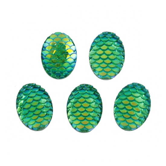 Picture of Resin Mermaid Fish/ Dragon Scale Dome Seals Cabochon Oval Green AB Color 18mm( 6/8") x 13mm( 4/8"), 50 PCs
