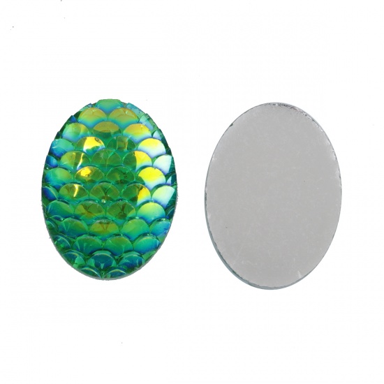 Picture of Resin Mermaid Fish/ Dragon Scale Dome Seals Cabochon Oval Green AB Color 18mm( 6/8") x 13mm( 4/8"), 50 PCs