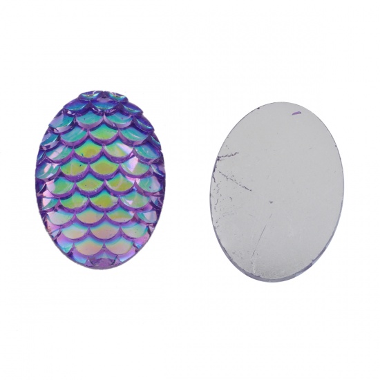 Picture of Resin Mermaid Fish/ Dragon Scale Dome Seals Cabochon Oval Purple AB Color 18mm( 6/8") x 13mm( 4/8"), 50 PCs