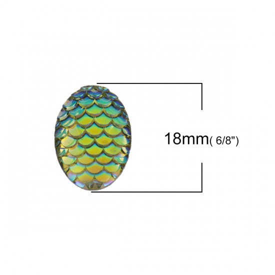 Picture of Resin Mermaid Fish/ Dragon Scale Dome Seals Cabochon Oval Yellow-green AB Color 18mm( 6/8") x 13mm( 4/8"), 50 PCs
