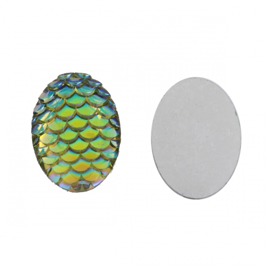 Picture of Resin Mermaid Fish/ Dragon Scale Dome Seals Cabochon Oval Yellow-green AB Color 18mm( 6/8") x 13mm( 4/8"), 50 PCs