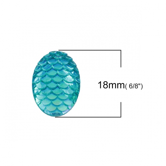 Picture of Resin Mermaid Fish/ Dragon Scale Dome Seals Cabochon Oval Blue AB Color 18mm( 6/8") x 13mm( 4/8"), 50 PCs