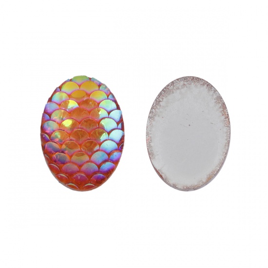 Picture of Resin Mermaid Fish/ Dragon Scale Dome Seals Cabochon Oval Orange AB Color 18mm( 6/8") x 13mm( 4/8"), 50 PCs