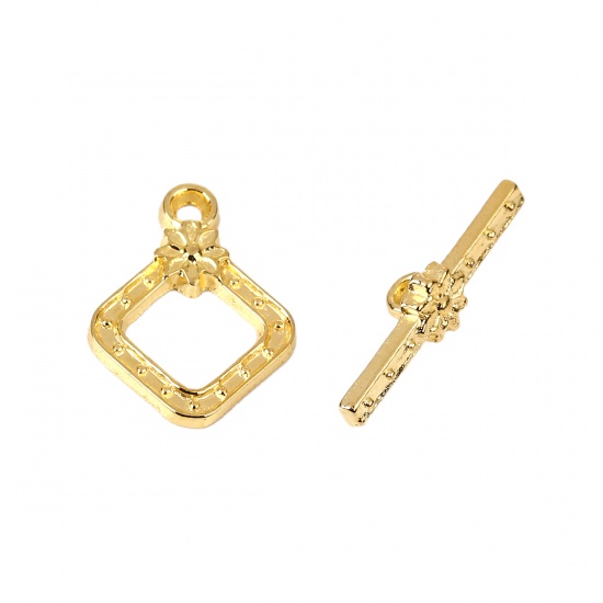 Picture of Zinc Based Alloy Toggle Clasps Rhombus Gold Plated Flower 21mm x 16mm 23mm x 6mm, 50 Sets