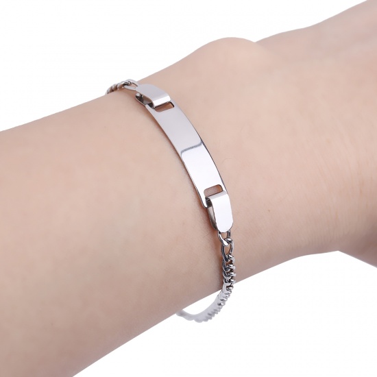 Picture of 1 Piece 304 Stainless Steel Blank Stamping Tags Bracelets Rectangle Silver Tone 15cm(5.9") long