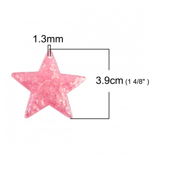 Picture of Resin Pendants Pentagram Star Pink Glitter 39mm(1 4/8") x 37mm(1 4/8"), 20 PCs