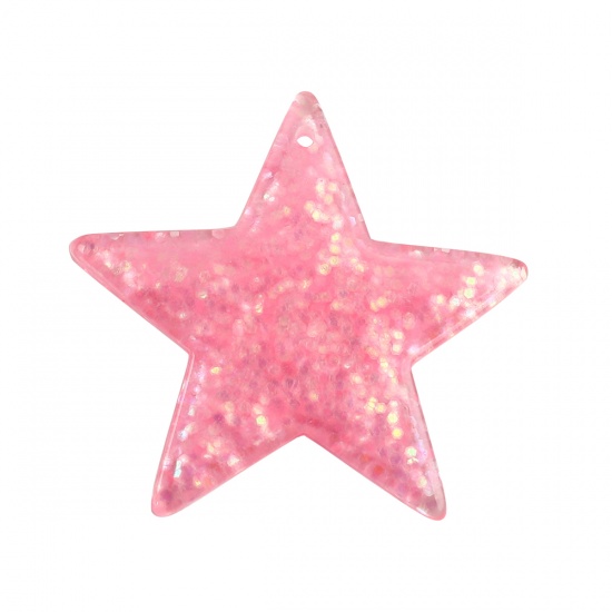 Picture of Resin Pendants Pentagram Star Pink Glitter 39mm(1 4/8") x 37mm(1 4/8"), 20 PCs