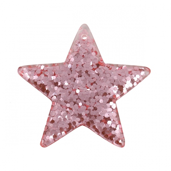 Picture of Resin Pendants Pentagram Star Deep pink Glitter 39mm(1 4/8") x 37mm(1 4/8"), 20 PCs
