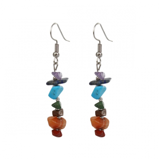 Picture of Gemstone ( Natural ) Earrings Silver Tone Multicolor Irregular 51mm(2") long, Post/ Wire Size: (21 gauge), 1 Pair