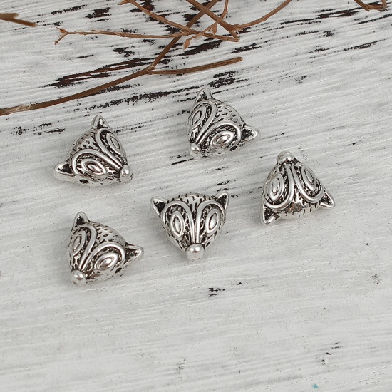 Picture of Zinc Based Alloy 3D Beads Fox Animal Antique Silver Color 13mm x 10mm, Hole: Approx 1.1mm, 10 PCs