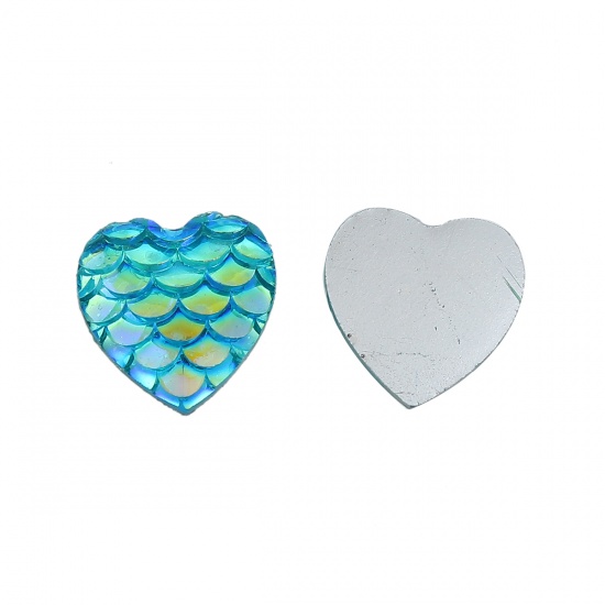 Picture of Resin Dome Seals Cabochon Heart Blue AB Color 12mm( 4/8") x 12mm( 4/8"), 100 PCs