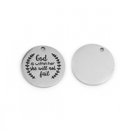 Image de Breloques en 201 Acier Inoxydable Rond Argent Mat Gravé Caractère 22mm Dia. 2 Pcs