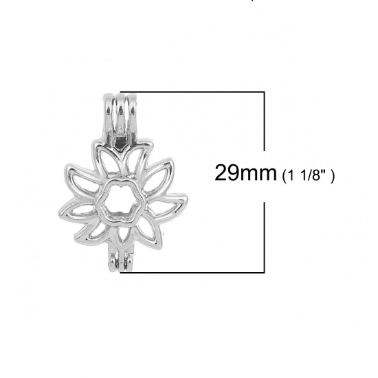 Picture of Zinc Based Alloy 3D Wish Pearl Locket Jewelry Pendants Flower Silver Tone Can Open (Fit Bead Size: 8mm) 29mm(1 1/8") x 21mm( 7/8"), 2 PCs