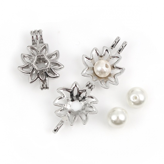 Picture of Zinc Based Alloy 3D Wish Pearl Locket Jewelry Pendants Flower Silver Tone Can Open (Fit Bead Size: 8mm) 29mm(1 1/8") x 21mm( 7/8"), 2 PCs