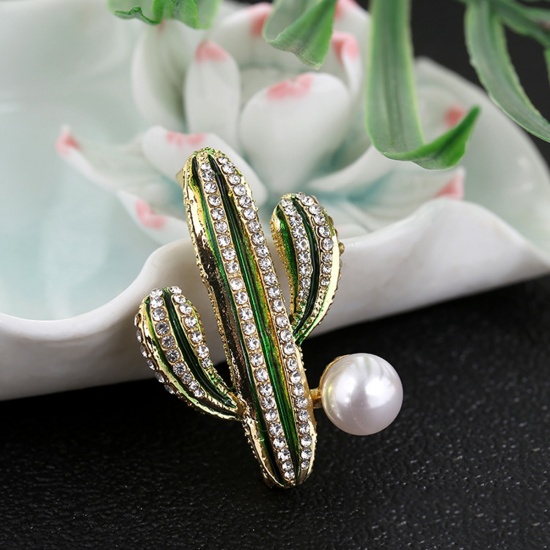 Picture of Micro Pave Pin Brooches Cactus Gold Plated Green Imitation Pearl Clear Rhinestone 41mm(1 5/8") x 29mm(1 1/8"), 1 Piece