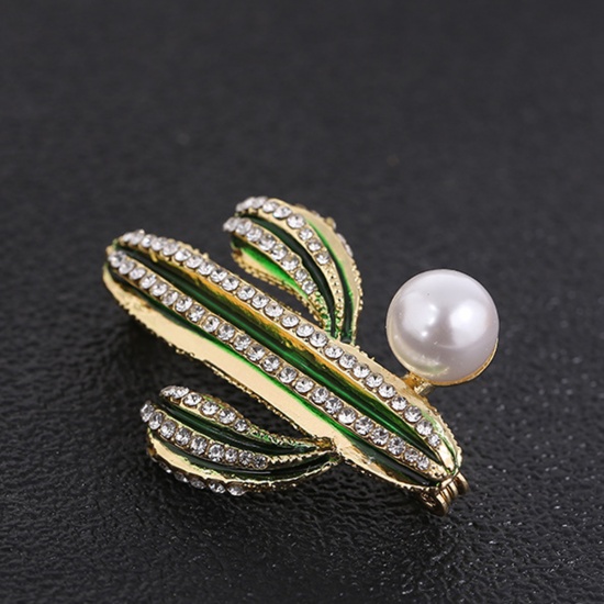 Picture of Micro Pave Pin Brooches Cactus Gold Plated Green Imitation Pearl Clear Rhinestone 41mm(1 5/8") x 29mm(1 1/8"), 1 Piece