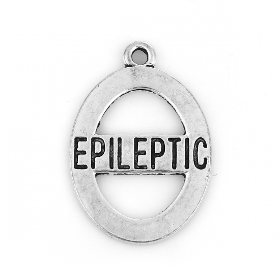 Immagine di Lega di Zinco Ciondoli Ovale Argento Antico Messaggio " Epileptic " 34mm x 23mm , 10 Pz