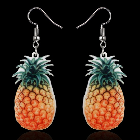 Picture of Acrylic Earrings Silver Tone Green & Orange Pineapple/ Ananas Fruit 61mm(2 3/8") x 22mm( 7/8"), Post/ Wire Size: (21 gauge), 1 Pair
