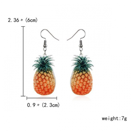 Picture of Acrylic Earrings Silver Tone Green & Orange Pineapple/ Ananas Fruit 61mm(2 3/8") x 22mm( 7/8"), Post/ Wire Size: (21 gauge), 1 Pair
