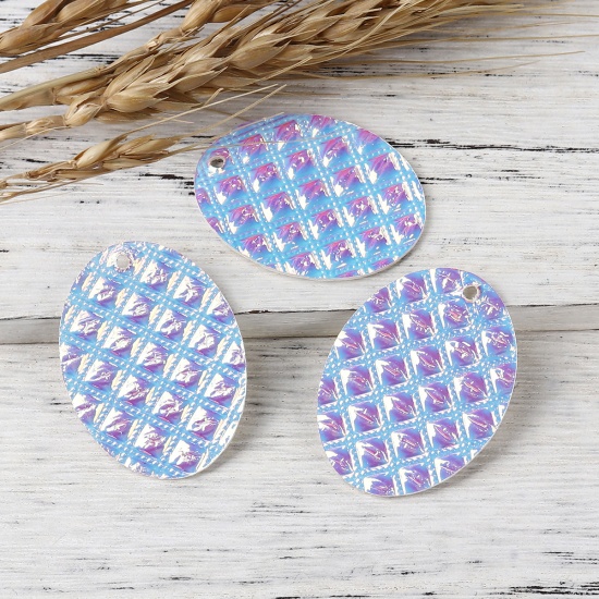 Picture of PU Leather Pendants Oval White Grid Checker AB Color 40mm(1 5/8") x 31mm(1 2/8"), 10 PCs
