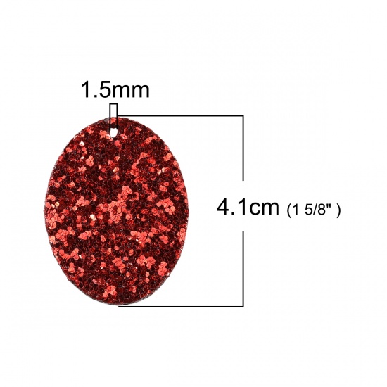 Picture of Faux Leather Paillette Sequin Pendants Oval Red 41mm(1 5/8") x 31mm(1 2/8"), 10 PCs