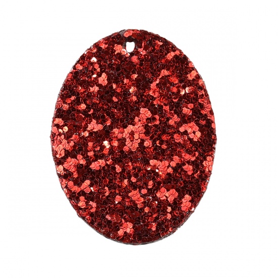 Picture of Faux Leather Paillette Sequin Pendants Oval Red 41mm(1 5/8") x 31mm(1 2/8"), 10 PCs