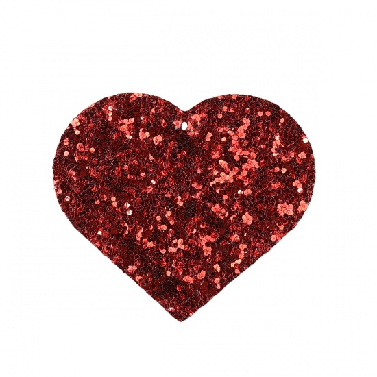 Picture of Faux Leather Paillette Sequin Pendants Heart Red 56mm(2 2/8") x 49mm(1 7/8"), 10 PCs