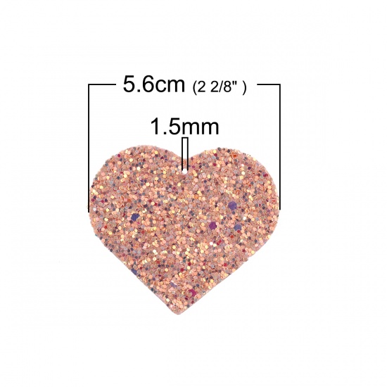 Picture of Faux Leather Paillette Sequin Pendants Heart Orange Pink AB Color 56mm(2 2/8") x 49mm(1 7/8"), 10 PCs