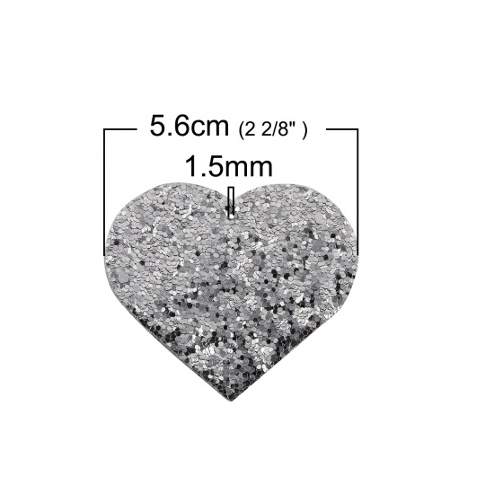 Picture of Faux Leather Paillette Sequin Pendants Heart Silver 56mm(2 2/8") x 49mm(1 7/8"), 10 PCs