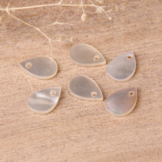 Picture of Natural Shell Loose Beads Drop White AB Color About 9mm x 6mm, Hole:Approx 0.7mm, 10 PCs
