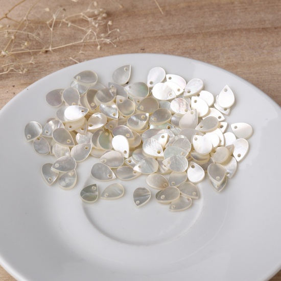 Picture of Natural Shell Loose Beads Drop White AB Color About 9mm x 6mm, Hole:Approx 0.7mm, 10 PCs