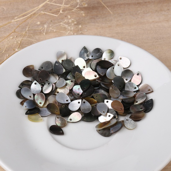 Picture of Natural Shell Loose Beads Drop Black White AB Rainbow Color About 9mm x 6mm, Hole:Approx 0.7mm, 10 PCs