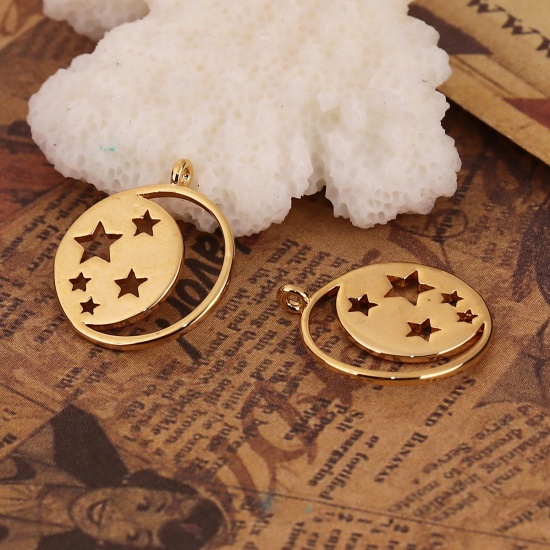 Picture of Brass Galaxy Charms Round 18K Real Gold Plated Star 18mm( 6/8") x 15mm( 5/8"), 3 PCs                                                                                                                                                                          