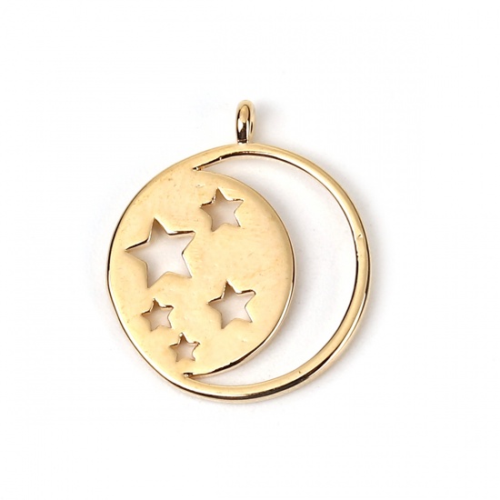 Picture of Brass Galaxy Charms Round 18K Real Gold Plated Star 18mm( 6/8") x 15mm( 5/8"), 3 PCs                                                                                                                                                                          