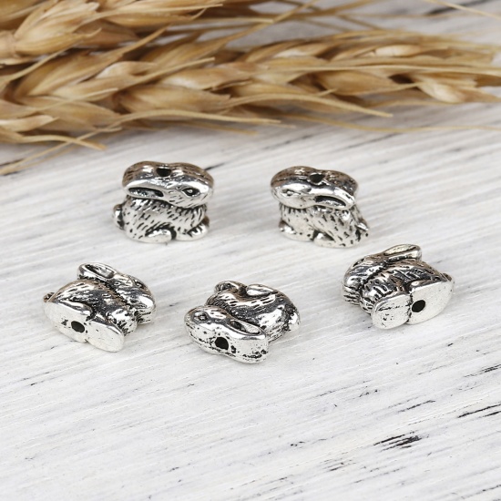 Picture of Zinc Based Alloy 3D Beads Rabbit Animal Antique Silver Color 10mm x 8mm, Hole: Approx 1.2mm, 30 PCs